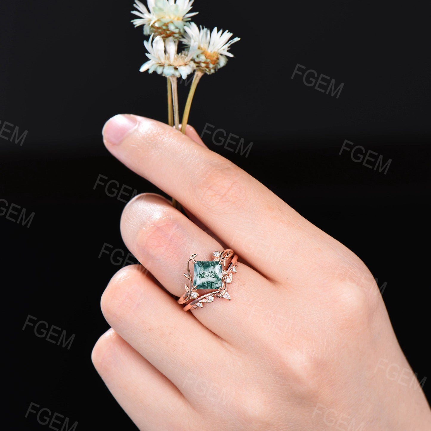 7mm Princess Cut Natural Moss Agate Diamond Ring Set Nature Inspired Green Engagement Rings Rose Gold Moss Agate Leaf Branch Moissanite Wedding Ring