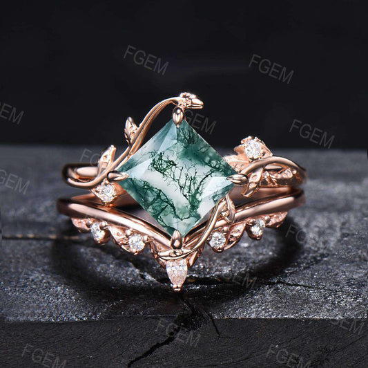 7mm Princess Cut Natural Moss Agate Diamond Ring Set Nature Inspired Green Engagement Rings Rose Gold Moss Agate Leaf Branch Moissanite Wedding Ring