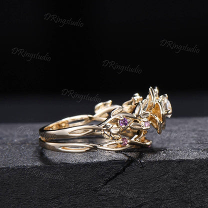 Round Lab Grown Diamond Flower Engagement Ring Set Floral Branch Leaf Bridal Set Amethyst Wedding Band 14K Yellow Gold Anniversary Gift