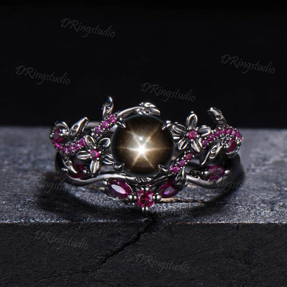 Floral Round Black Star Sapphire Engagement Ring Set Gothic Black Gold Leaf Vine Ruby Bridal Ring Natural Black Lindy Star Ring Promise Gift