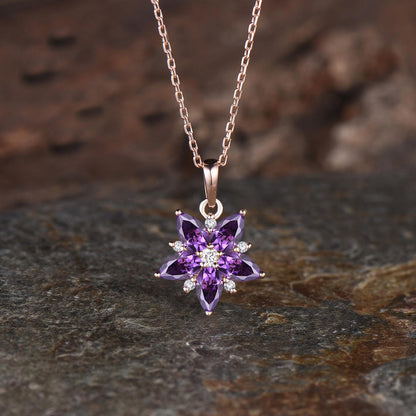 Minimalist Pear Cut Natural Amethyst Cherry Necklace Unique Flower Pendant Delicate February Birthstone Purple Crystal Necklace