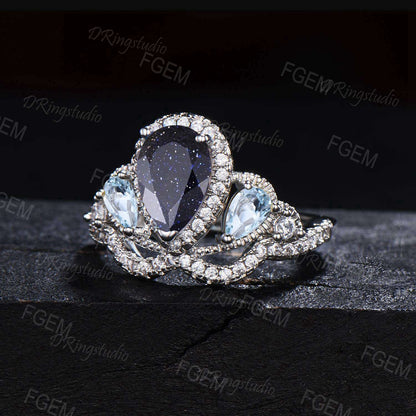 Dainty Halo Engagement Ring Teardrop Galaxy Blue Sandstone Aquamarine Wedding Ring White Gold Crown Blue Goldstone Ring Propose Gift for Her