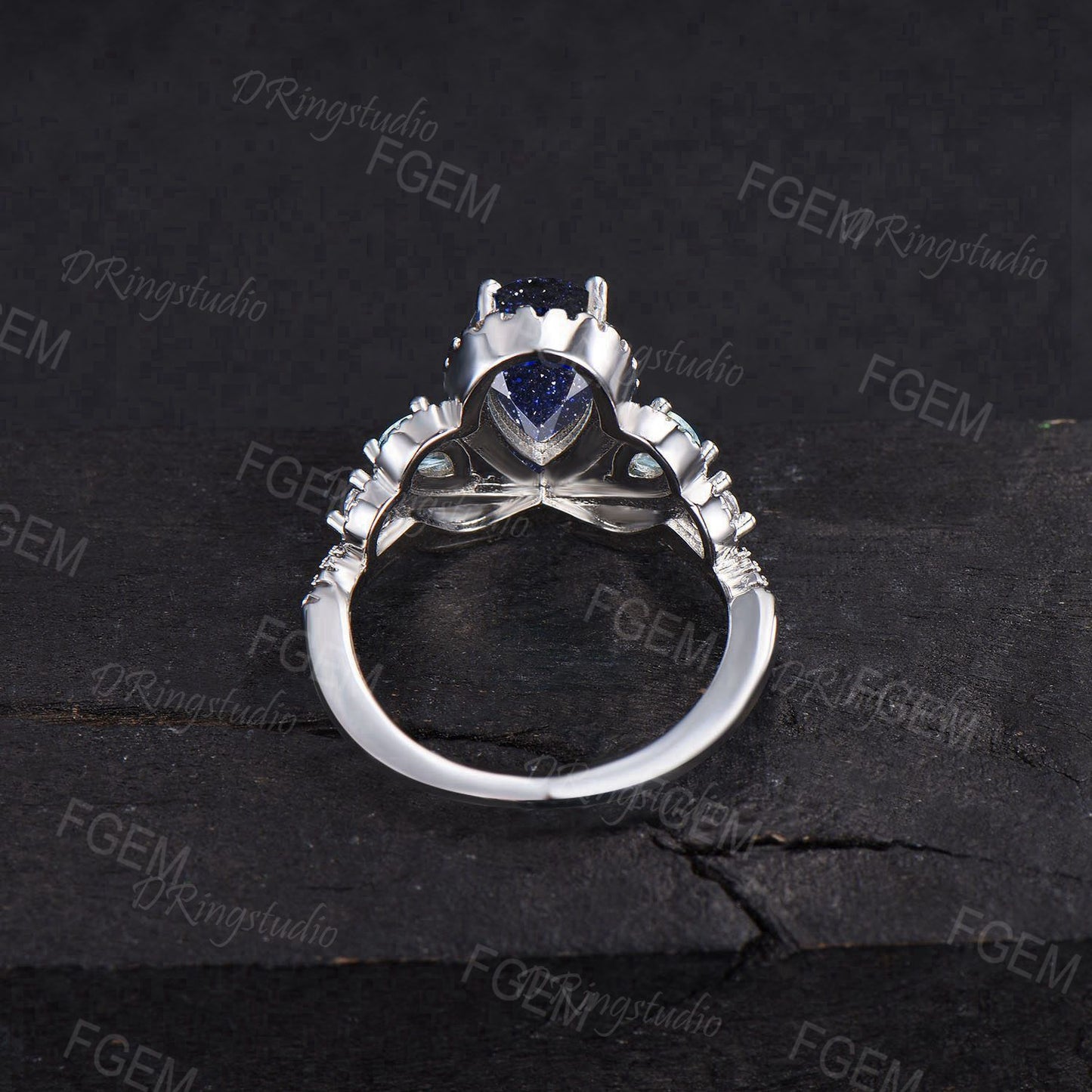 Dainty Halo Engagement Ring Teardrop Galaxy Blue Sandstone Aquamarine Wedding Ring White Gold Crown Blue Goldstone Ring Propose Gift for Her