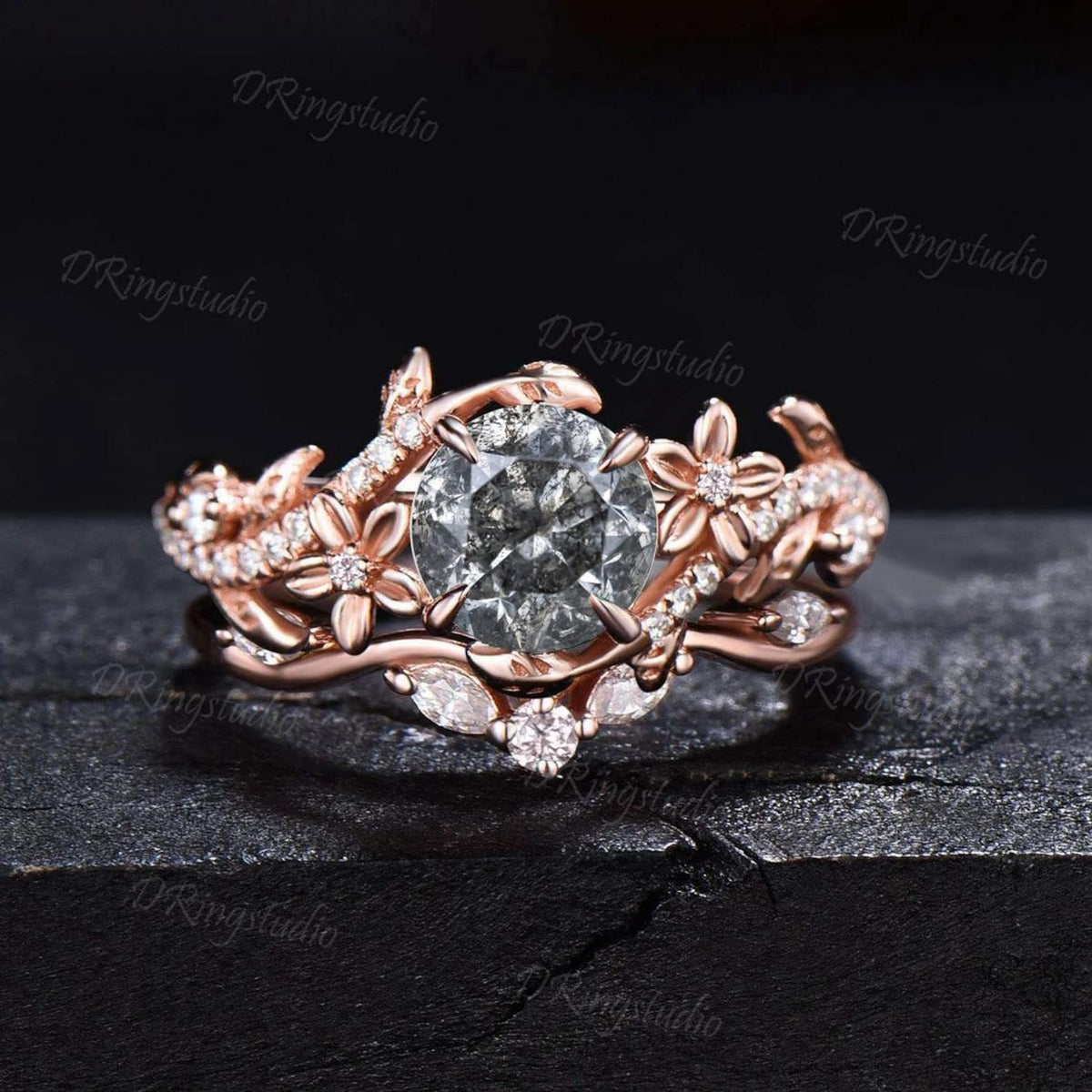1ct Round Cut Natural Salt And Pepper Diamond Engagement Ring Set 14K Rose Gold Vine Floral Moissanite Stacking Ring For Alternative Women