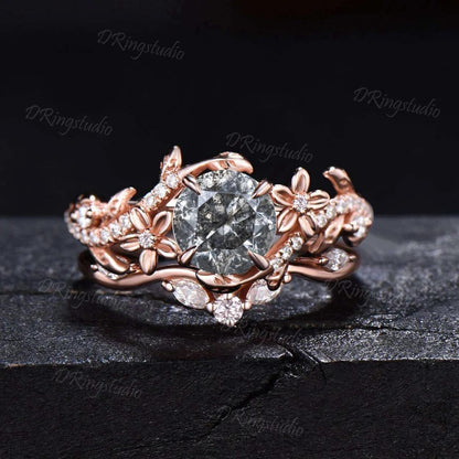 1ct Round Cut Natural Salt And Pepper Diamond Engagement Ring Set 14K Rose Gold Vine Floral Moissanite Stacking Ring For Alternative Women