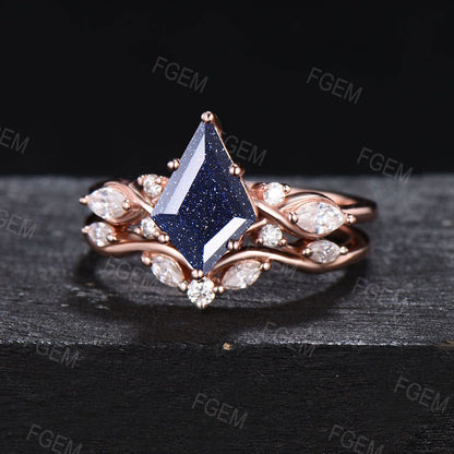 Antique Kite Galaxy Blue Sandstone Engagement Ring Set Rose Gold Starry Sandstone Bridal Set Infinity Cluster Moissanite Ring Proposal Gifts
