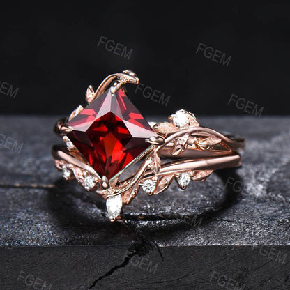 7mm Princess Cut Natural Garnet Diamond Ring Red Gemstone Jewelry Nature Inspired Twig Leaf Garnet Engagement Rings Unique January Birthstone Gifts