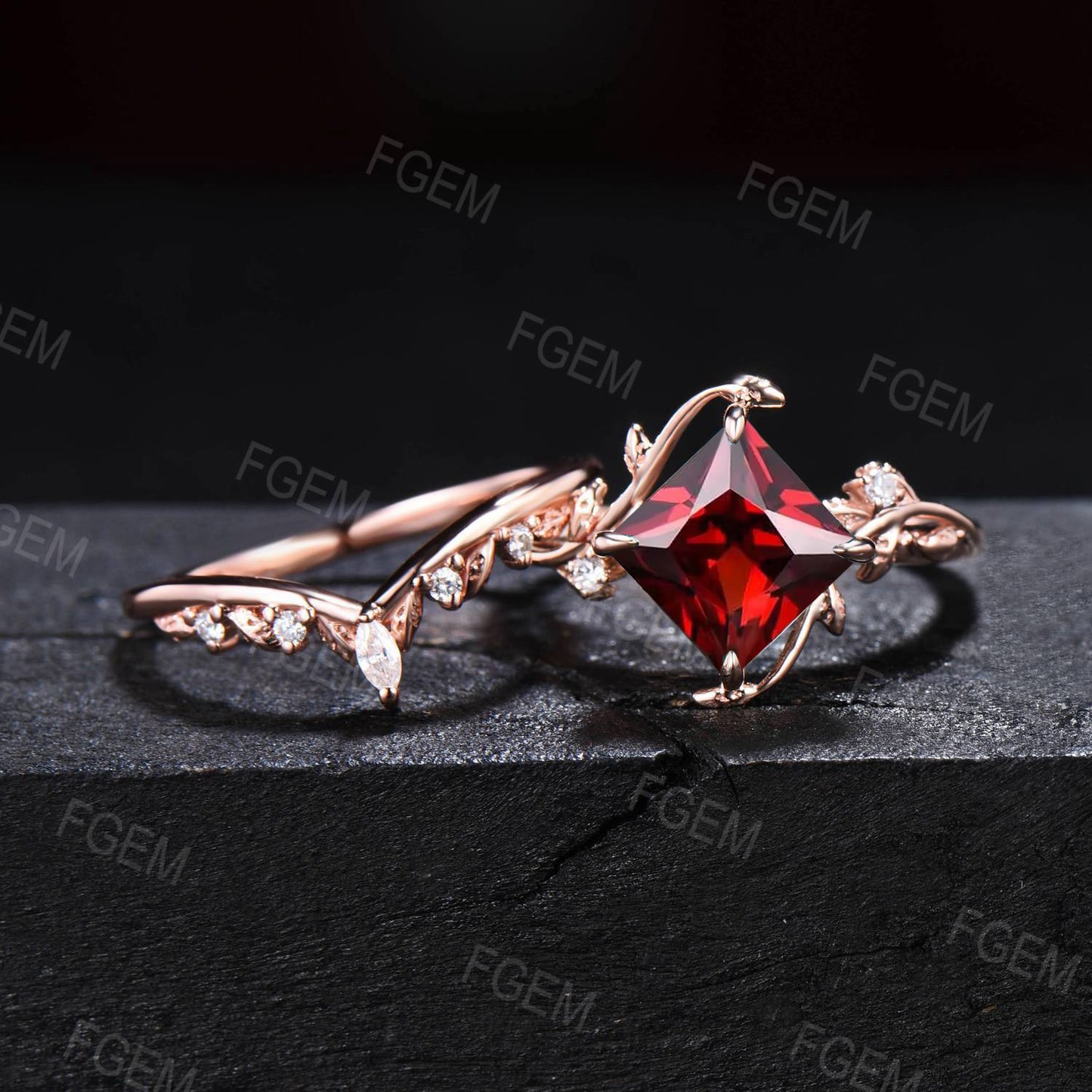 7mm Princess Cut Natural Garnet Diamond Ring Red Gemstone Jewelry Nature Inspired Twig Leaf Garnet Engagement Rings Unique January Birthstone Gifts
