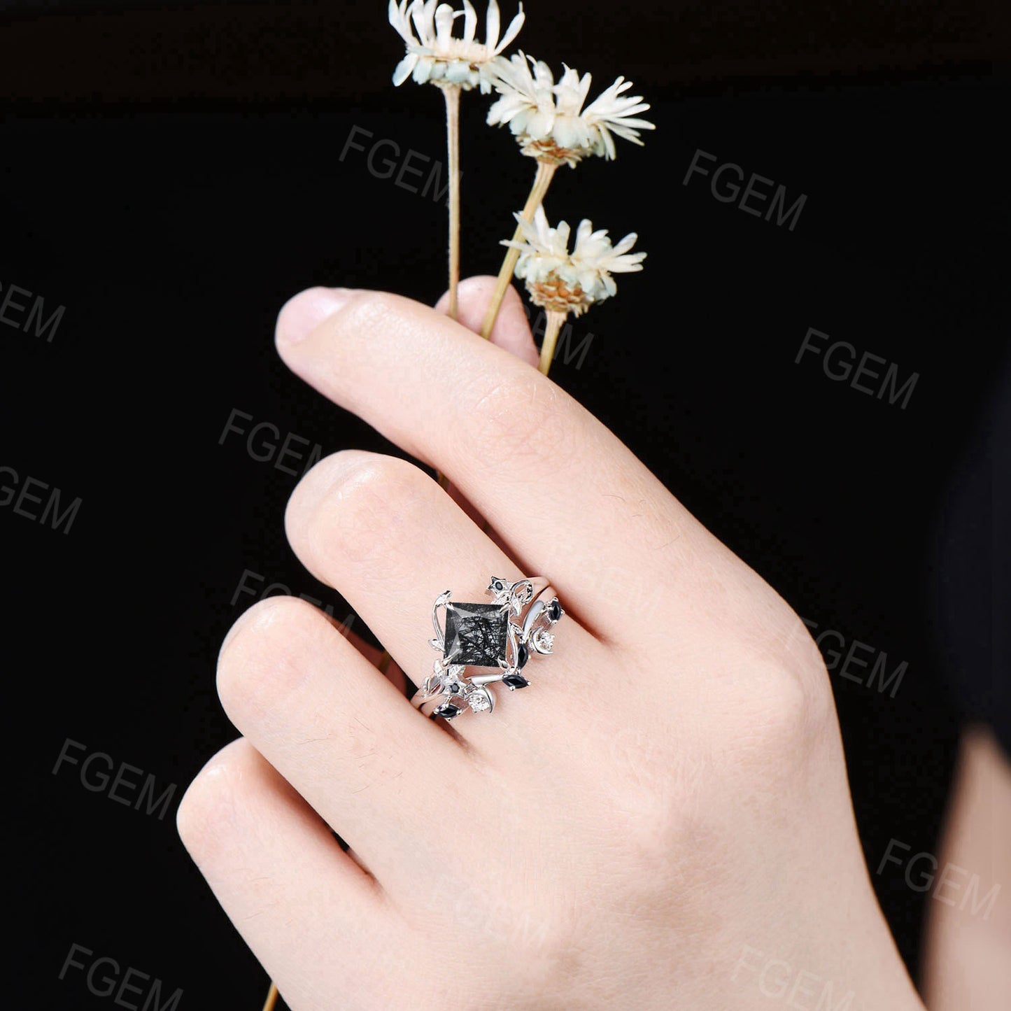 Hexagon Cut Natural Black Rutilated Quartz Engagement Ring Set Moon Black Spinel Bridal Set White Gold Leaf Black Crystal Ring Women Gifts