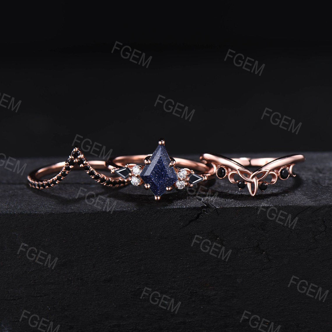 Black Bridal Set 3pcs Kite Cut Starry Sky Blue Sandstone Engagement Rings Vintage Antique Art Deco Black Spinel Celtic Knot Wedding Ring Set