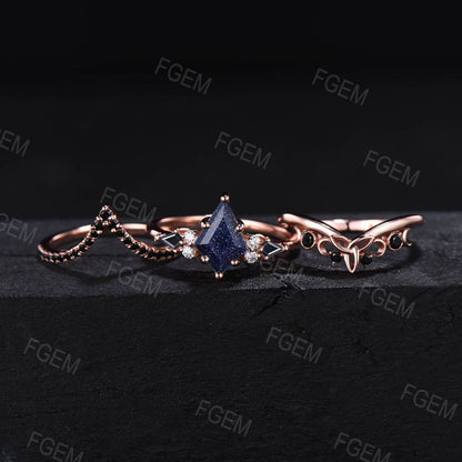 Black Bridal Set 3pcs Kite Cut Starry Sky Blue Sandstone Engagement Rings Vintage Antique Art Deco Black Spinel Celtic Knot Wedding Ring Set