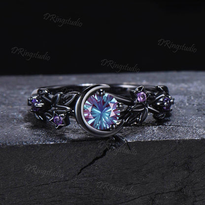 Color-Change Round Fireworks Cut Alexandrite Engagement Ring Crescent Moon Star Black Gold Leaf Vine Bridal Set Amethyst Wedding Ring Gift