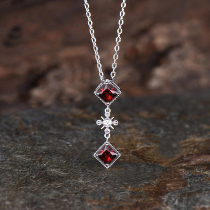 Milgrain Princess Cut Natural Garnet Anniversary Necklace Vintage January Birthstone Three Stone Dangle Necklace Yellow Gold Drop Pendant