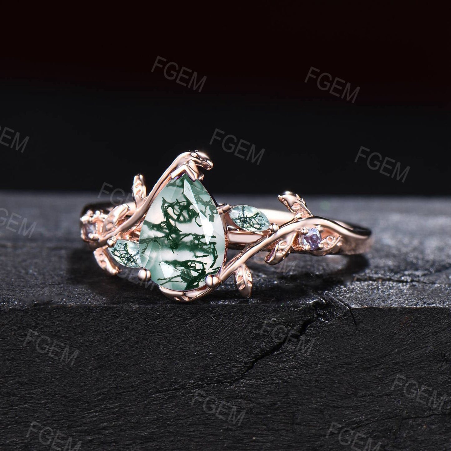 1.25ct Pear Nature Inspired Branch Green Moss Agate Wedding Ring 10K Rose Gold Cluster Moss Agate Alexandrite Ring Unique Anniversary Gifts