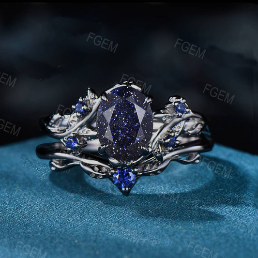 Nature Inspired Blue Sandstone Engagement Rings Set Twig Leaf Wedding Band Cluster Blue Sapphire Ring Blue Goldstone Bridal Set Nature Rings