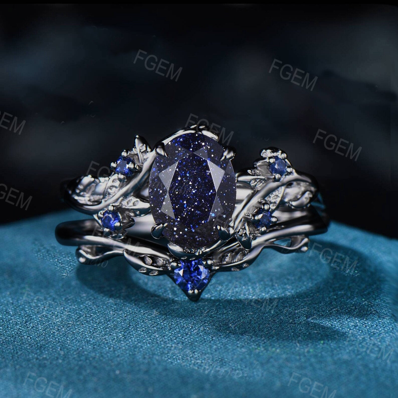 Black Gold Engagement Ring Oval Nature Inspired Starry Sky