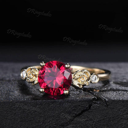 Rose Flower Nature Inspired Red Ruby Engagement Ring Round Ruby Nature Wedding Ring Floral Ruby Moissanite Ring July Birthstone Jewelry Gift