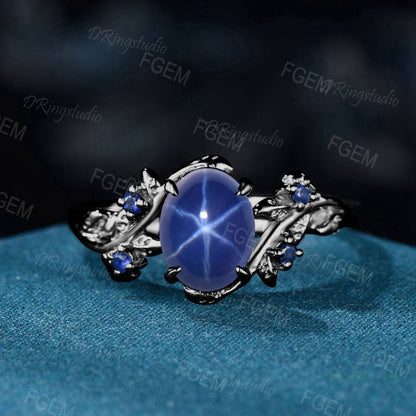 Nature Inspired Black Gold Engagement Ring 1.5CT Oval Star Sapphire Wedding Ring Set Twig Blue Sapphire Bridal Set Blue Gemstone Women Gift