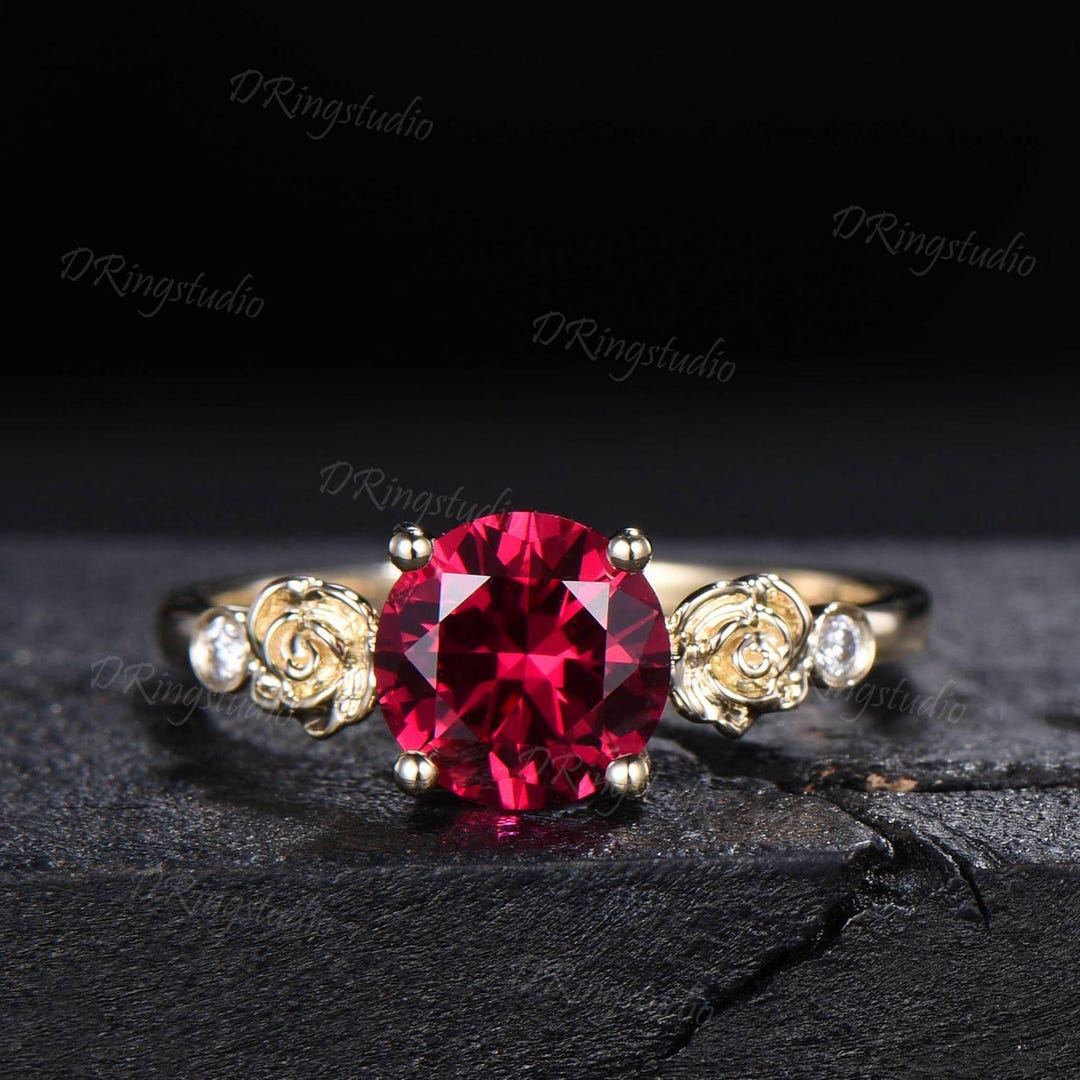 Rose Flower Nature Inspired Red Ruby Engagement Ring Round Ruby Nature Wedding Ring Floral Ruby Moissanite Ring July Birthstone Jewelry Gift