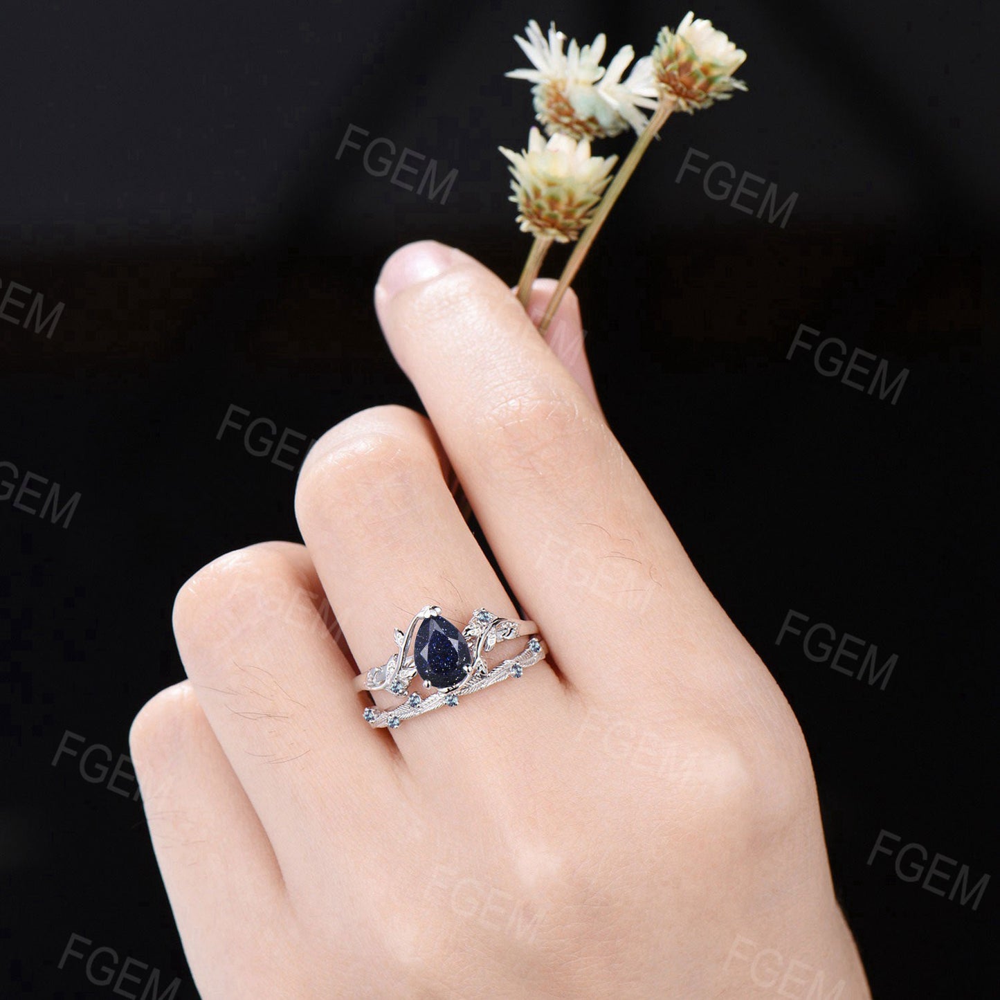 Nature Inspired Blue Goldstone Engagement Ring Set 10k White Gold Alexandrite Ring Branch Leaf Blue Sandstone Bridal Set Proposal Women Gift