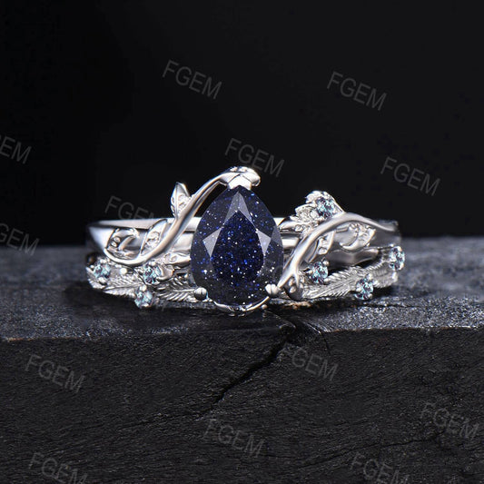 Nature Inspired Blue Goldstone Engagement Ring Set 10k White Gold Alexandrite Ring Branch Leaf Blue Sandstone Bridal Set Proposal Women Gift