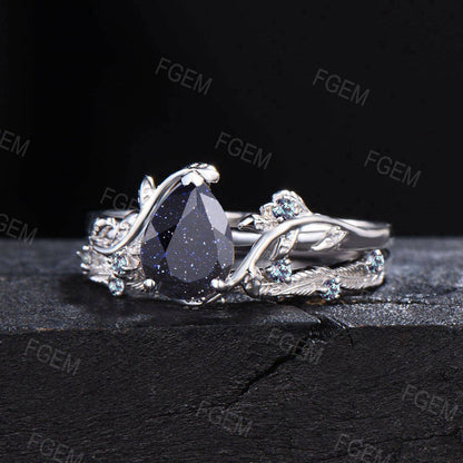 Nature Inspired Blue Goldstone Engagement Ring Set 10k White Gold Alexandrite Ring Branch Leaf Blue Sandstone Bridal Set Proposal Women Gift