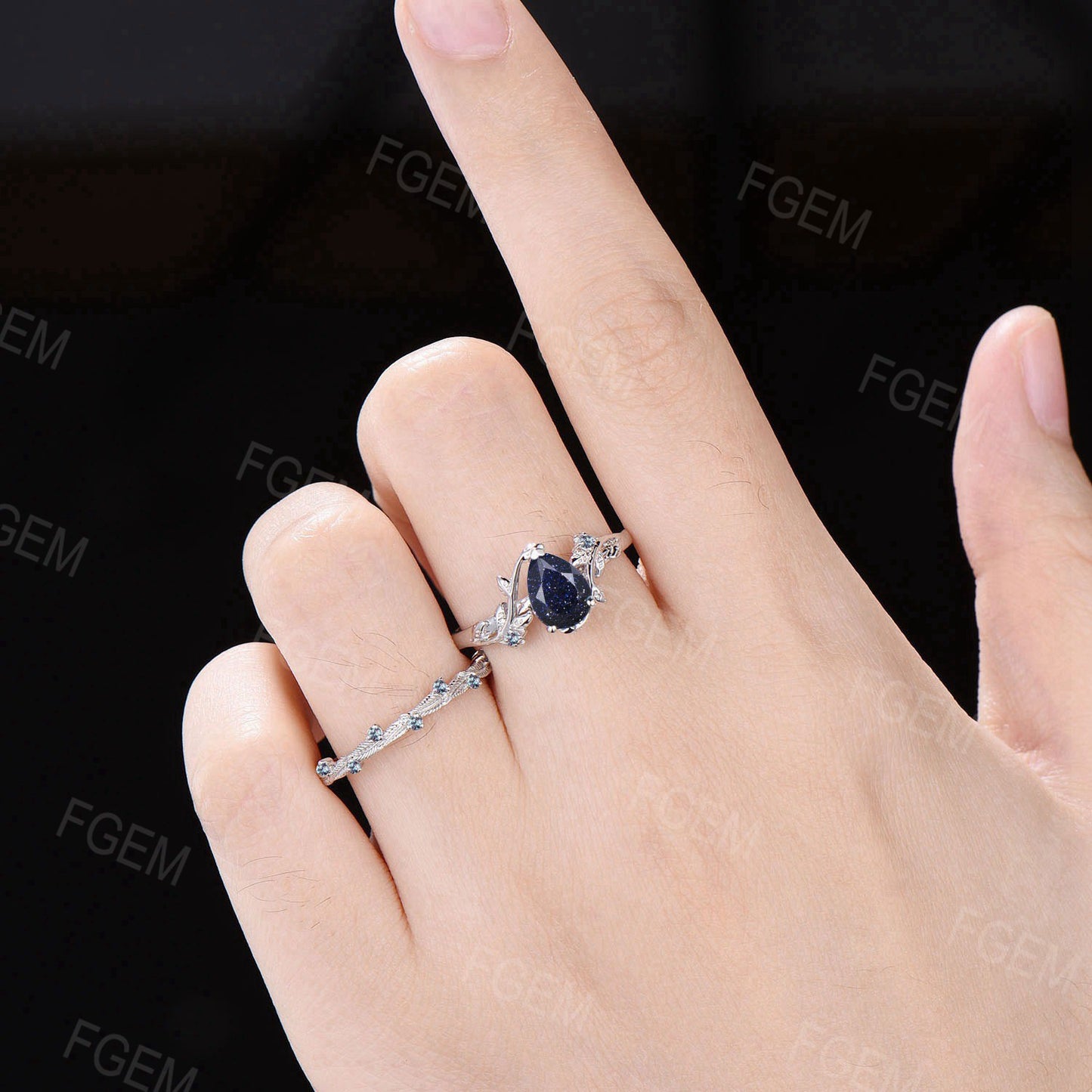 Nature Inspired Blue Goldstone Engagement Ring Set 10k White Gold Alexandrite Ring Branch Leaf Blue Sandstone Bridal Set Proposal Women Gift