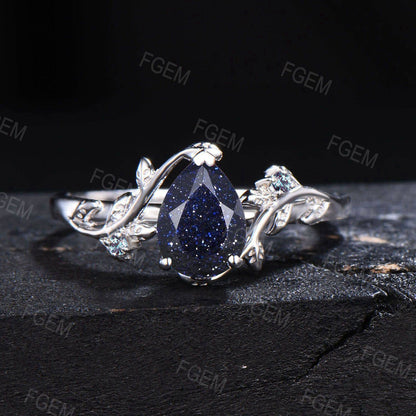 Nature Inspired Blue Goldstone Engagement Ring Set 10k White Gold Alexandrite Ring Branch Leaf Blue Sandstone Bridal Set Proposal Women Gift