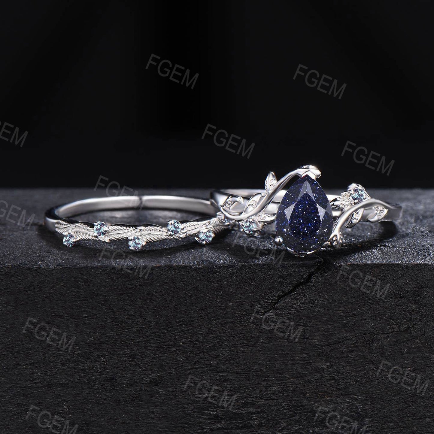 Nature Inspired Blue Goldstone Engagement Ring Set 10k White Gold Alexandrite Ring Branch Leaf Blue Sandstone Bridal Set Proposal Women Gift