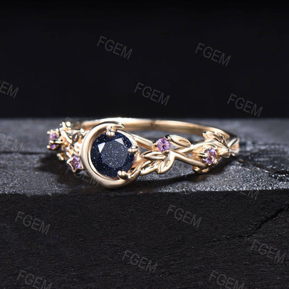 Nature Inspired Galaxy Blue Goldstone Amethyst Engagement Ring Moon Star Design Round Blue Sandstone Ring Branch Leaf Amethyst Wedding Rings