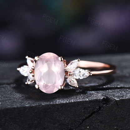 Natural Crystal Ring Rose Quartz Ring Sterling Silver Oval Cut Cluster Engagement Ring Pink Stone Promise Ring Personalized Gift for Lover
