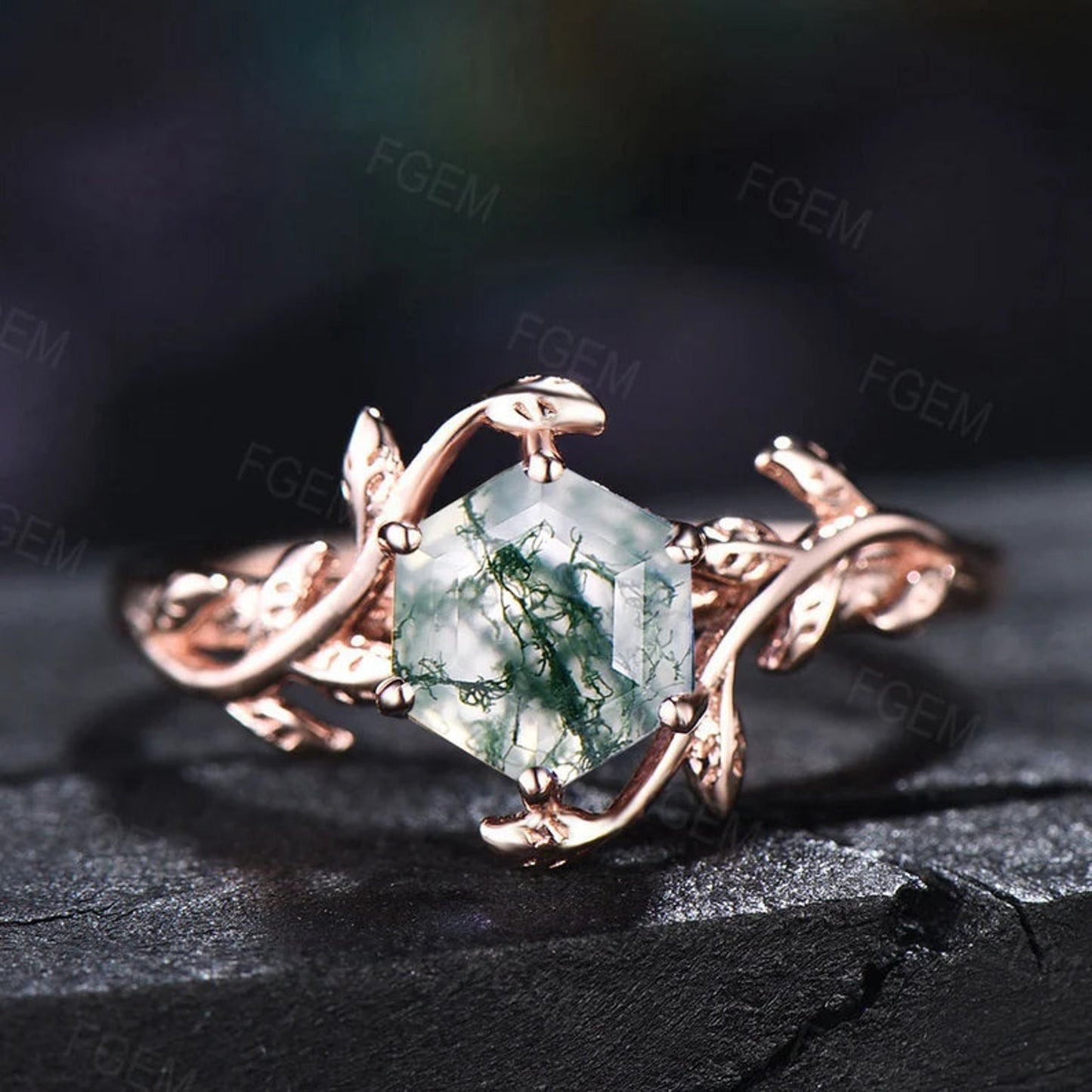 1ct Hexagon Natural Moss Agate Bridal Set 10K White Gold Nature Inspired Twig Leaf Green Agate Wedding Ring Celtic Trinity Knot Wedding Ring