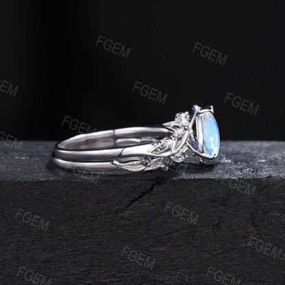 Unique Branch Vine Rainbow Moonstone Engagement Ring Set White Gold Pear Moonstone Alexandrite Bridal Set Leaf Proposal Jewelry Women Gifts