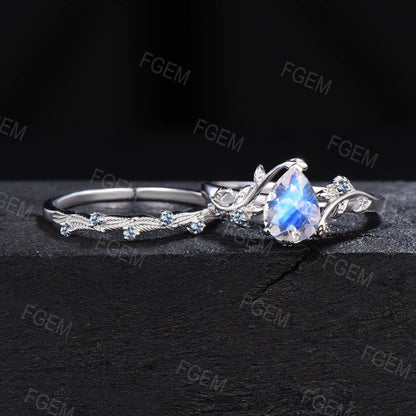 Unique Branch Vine Rainbow Moonstone Engagement Ring Set White Gold Pear Moonstone Alexandrite Bridal Set Leaf Proposal Jewelry Women Gifts