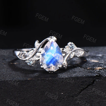 Unique Branch Vine Rainbow Moonstone Engagement Ring Set White Gold Pear Moonstone Alexandrite Bridal Set Leaf Proposal Jewelry Women Gifts