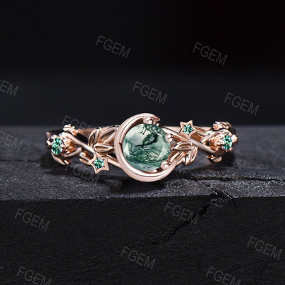 Moon Star Design 5mm Round Natural Moss Agate Engagement Ring 14k/18k Black Gold Emerald Ring Branch Leaf Green Moss Wedding Ring Women Gift