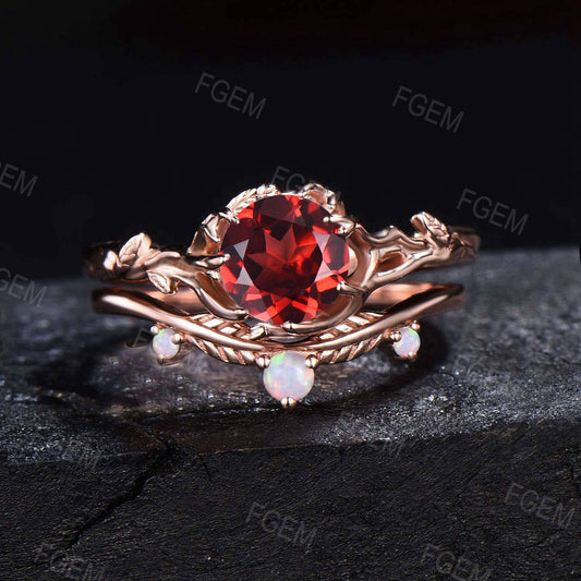 Branch Leaf Garnet Engagement Ring Set Rose Gold Opal Wedding Ring Twig 1ct Round Garnet Bridal Set January Birthstone Jewelry Proposal Gift
