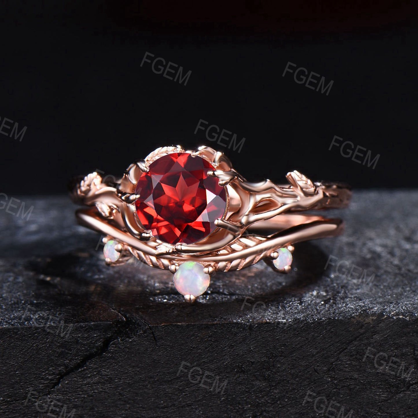 Branch Leaf Garnet Engagement Ring Set Rose Gold Opal Wedding Ring Twig 1ct Round Garnet Bridal Set January Birthstone Jewelry Proposal Gift