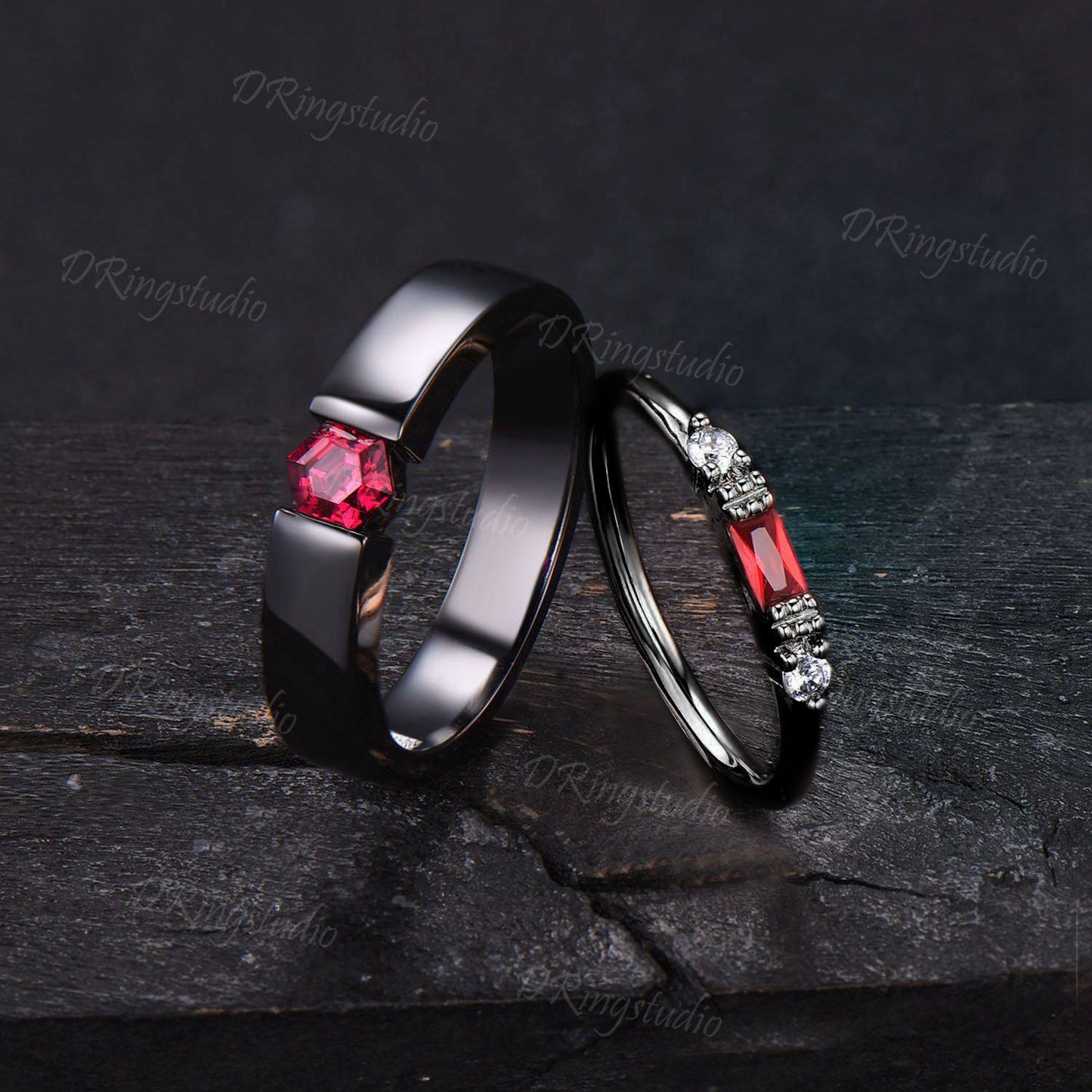 Gothic Black Couple Rings Set Black Gold Plated Red Ruby His and Hers Wedding Band Witchy Rhodium Black Matching Wedding Rings Proposal Gift