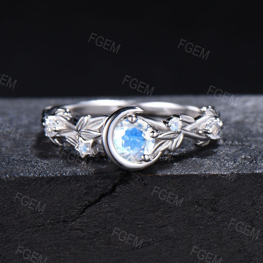 Nature Inspired Round Rainbow Moonstone Engagement Ring Natural Blue Crystal 5mm Moon Star Design Moonstone Wedding Ring Propose Women Gifts