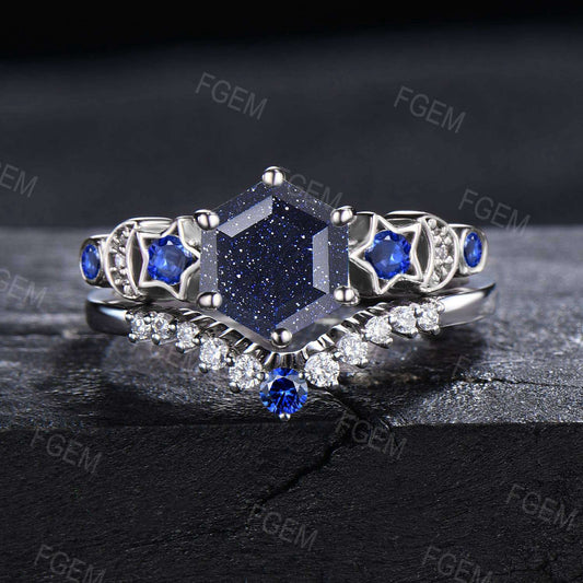 Sterling Silver Galaxy Sandstone Ring Set Moon Star Engagement Ring Vintage Blue Goldstone Sapphire Bridal Ring Set Nebula Ring Promise Gift