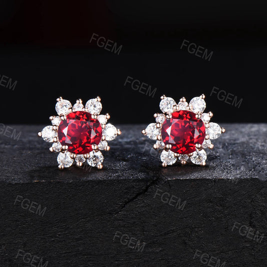 6.5mm Round Ruby Stud Earrings Art Deco Cluster Ruby Earrings Red Gemstone Bridal Earrings July Birthstone Jewelry Anniversary Gift for Her