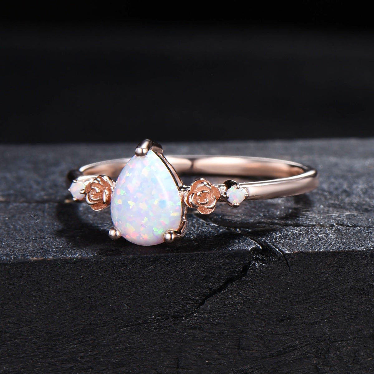 1.25ct Pear Shaped White Opal Engagement Ring Rose Flower Band Floral Opal Ring Nature Inspired Opal Ring October Birthstone Birthday Gift