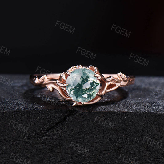 Art Deco Round Moss Agate Engagement Ring Set Rose Gold Green Moss Wedding Ring Branch Leaf Green Natural Gemstone Ring Unique Proposal Gift