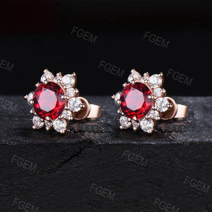 6.5mm Round Ruby Stud Earrings Art Deco Cluster Ruby Earrings Red Gemstone Bridal Earrings July Birthstone Jewelry Anniversary Gift for Her