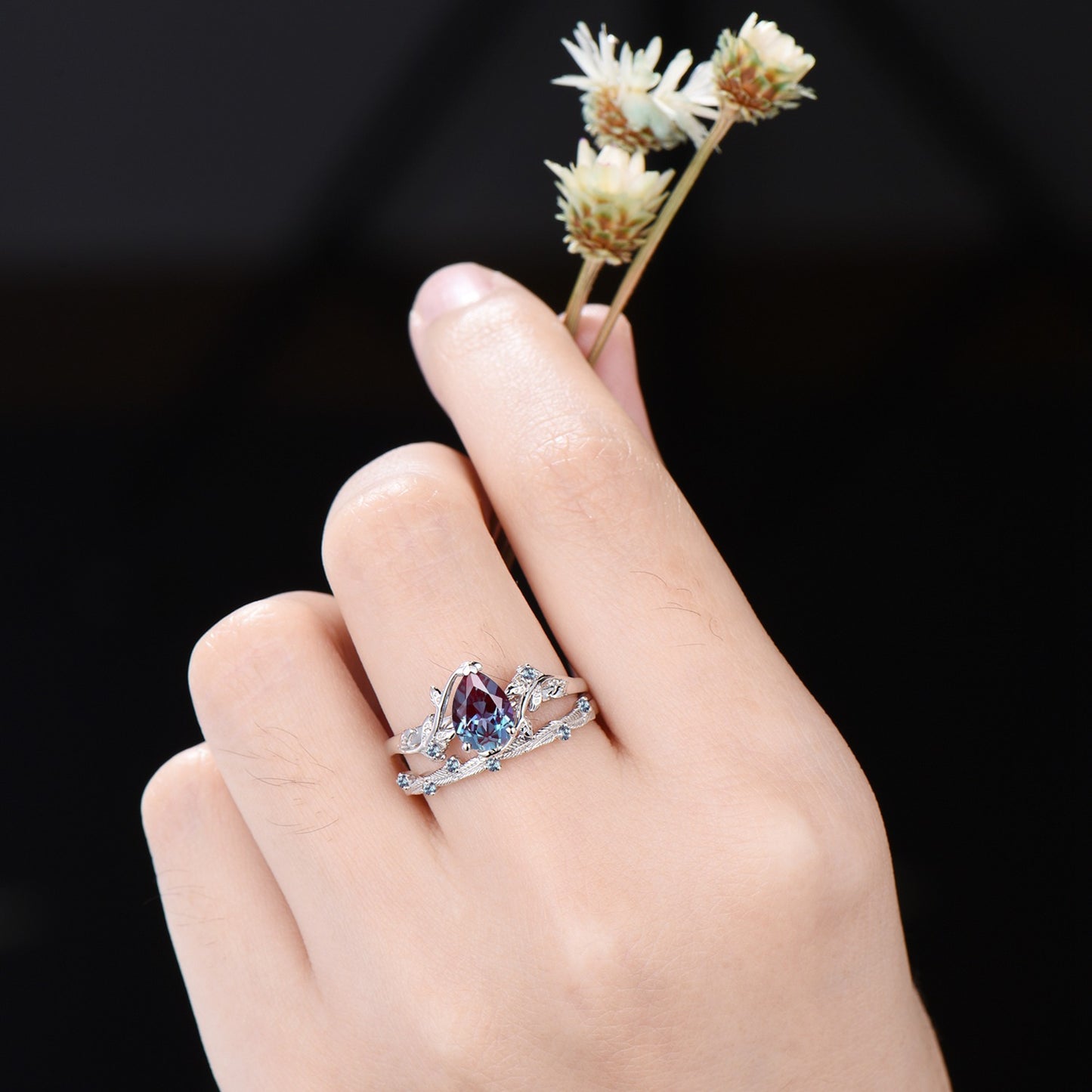 1.25ct Pear Color-Change Alexandrite Wedding Ring 14k Rose Gold Nature Inspired Alexandrite Bridal Set Leaf Vine Ring Set Unique June Birthstone Promise Rings