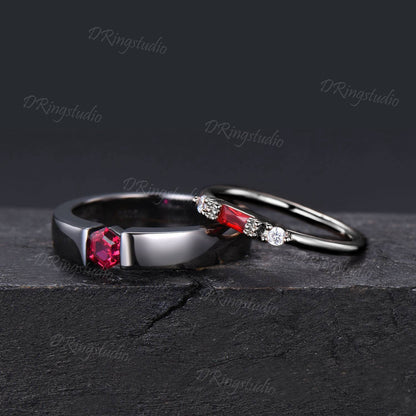 Gothic Black Couple Rings Set Black Gold Plated Red Ruby His and Hers Wedding Band Witchy Rhodium Black Matching Wedding Rings Proposal Gift