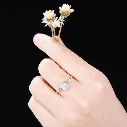 1.25ct Pear Shaped White Opal Engagement Ring Rose Flower Band Floral Opal Ring Nature Inspired Opal Ring October Birthstone Birthday Gift