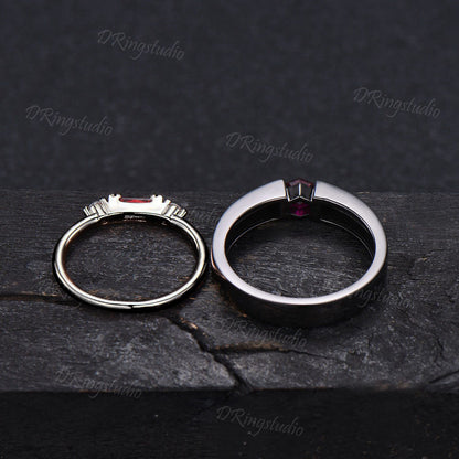 Gothic Black Couple Rings Set Black Gold Plated Red Ruby His and Hers Wedding Band Witchy Rhodium Black Matching Wedding Rings Proposal Gift