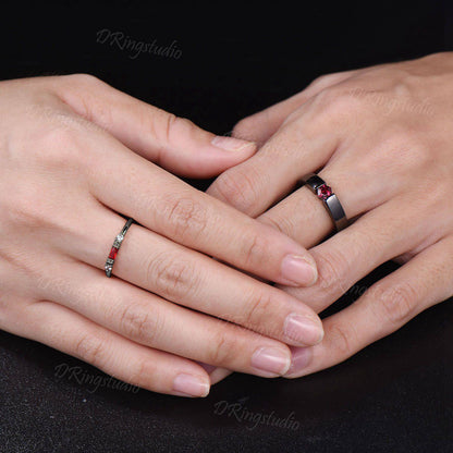 Gothic Black Couple Rings Set Black Gold Plated Red Ruby His and Hers Wedding Band Witchy Rhodium Black Matching Wedding Rings Proposal Gift